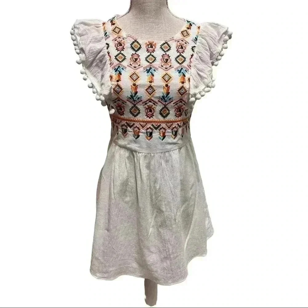 SHEIN  WOMEN’S STUNNING BOHO SMOCK EMBROIDERED DRESS W/ POM POM TRIM•SIZE S•